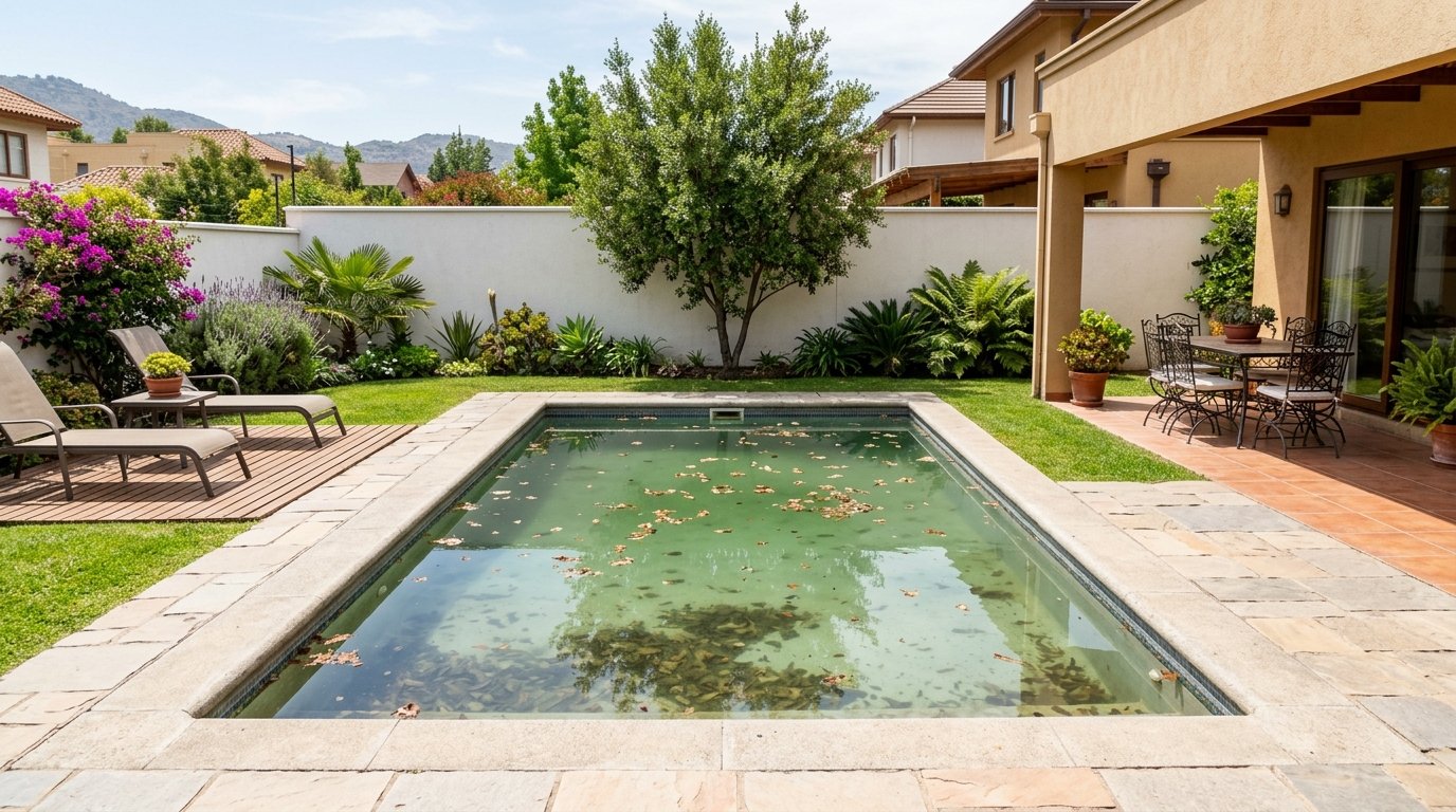 Piscina sucia y descuidada con agua verde y turbia